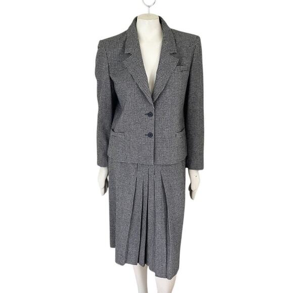 VTG SAVILLE Pleated Houndstooth Midi Skirt in Black & White  Wool blend  SZ 8 - Picture 7 of 11